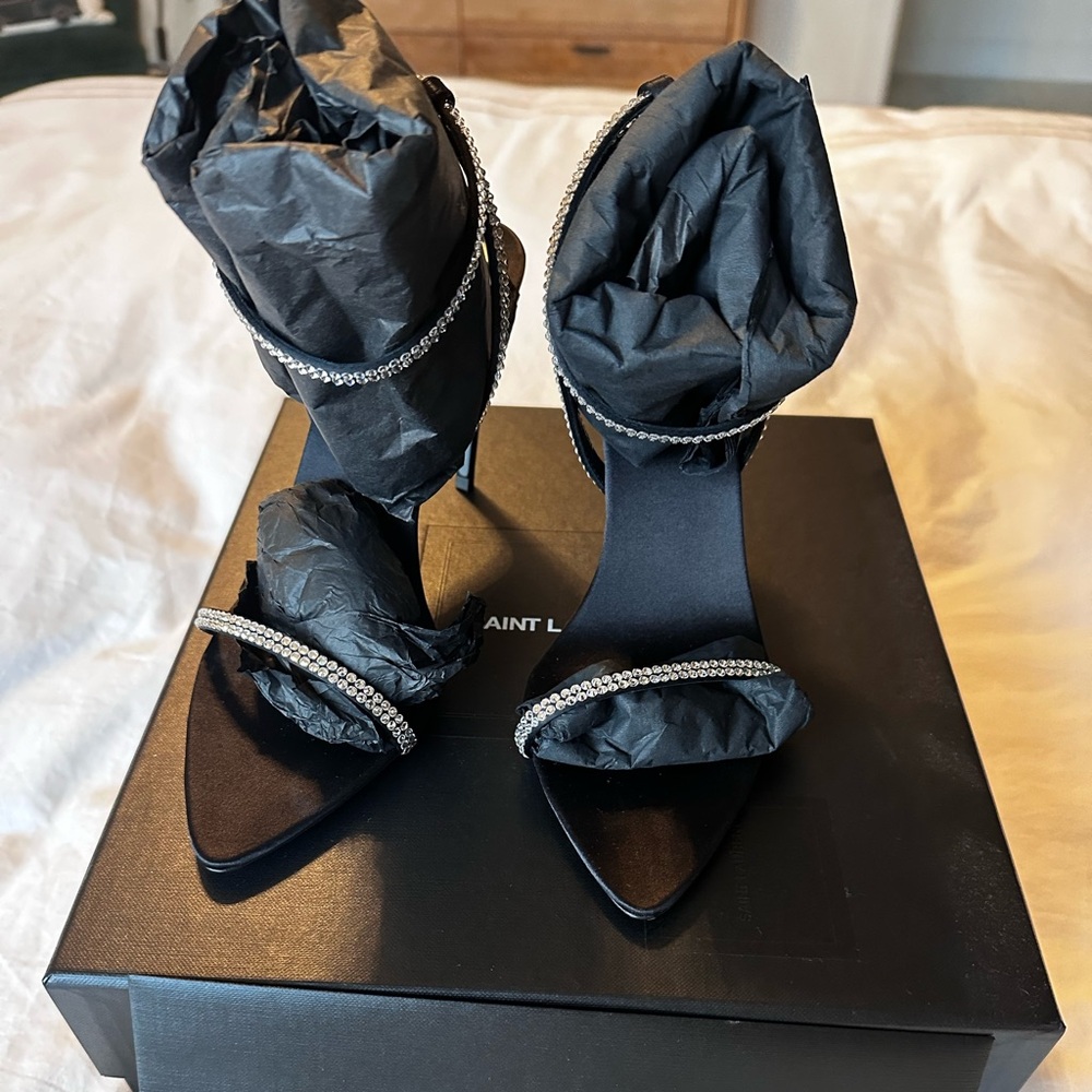 SAINT LAURENT georgia sandals in crepe satin with rhinestones size 37 - Picture 2 of 4